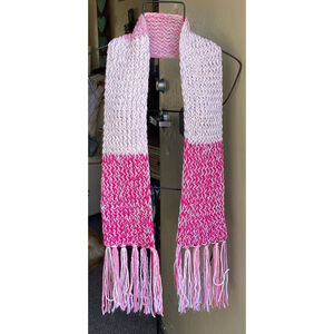 Hand Made Knitted Scarf Acrylic Yarn Varigated Colors Pinks & Light Gray Scarve